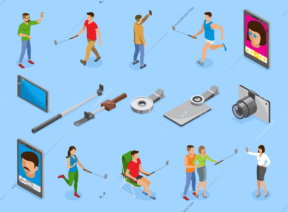 Social photo isometric icons set with  gadgets monopods lens and people making selfie isolated vector illustration