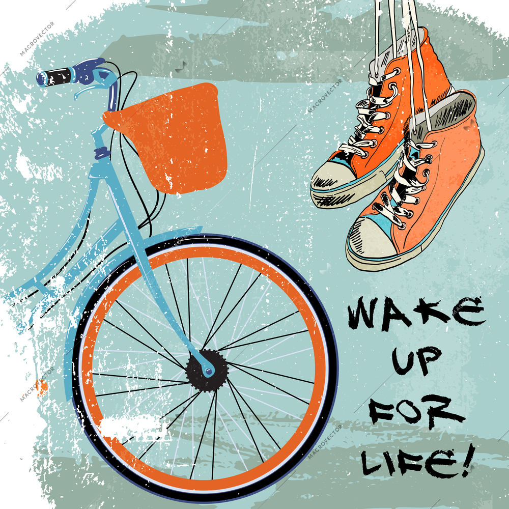 Funky hanging gumshoes sketch hipster background with retro bike vector illustration