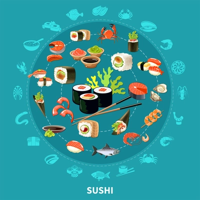 Sushi round composition with flat icon set combined in big circle colored and isolated vector illustration