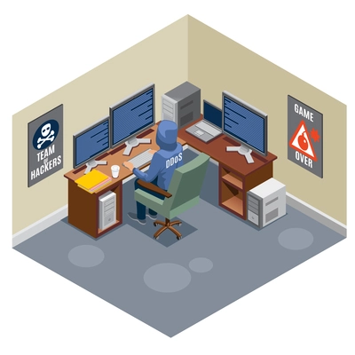 Internet threats isometric composition with anonymous hacker sitting at computer and activating virus attack vector illustration