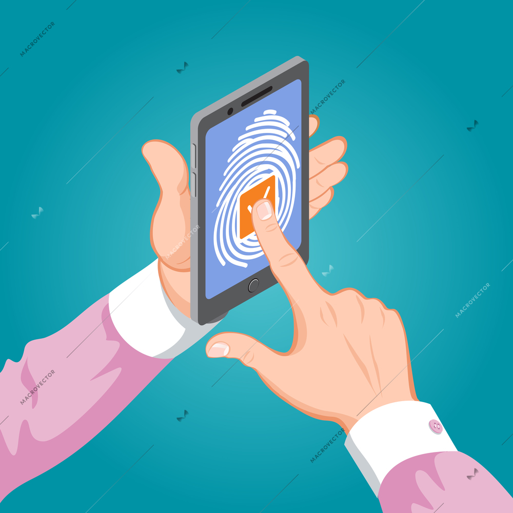 Cyber security background with man holding smartphone in his hands and unlocking it with fingerprint button isometric vector illustration