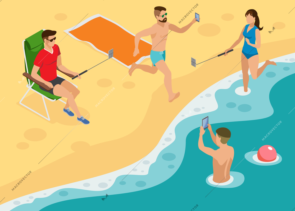 Social photo isometric composition with young people on south marine beach  making selfie by monopods and smartphones vector illustration