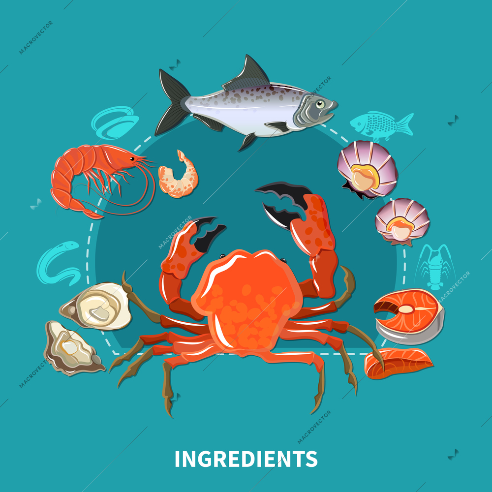 Sushi ingredients composition with carcasses of sea inhabitants from which make sushi vector illustration