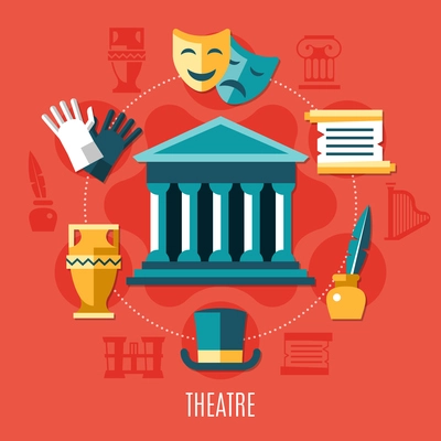 Theatre colored composition with elements of theatrical activity combined around the building vector illustration