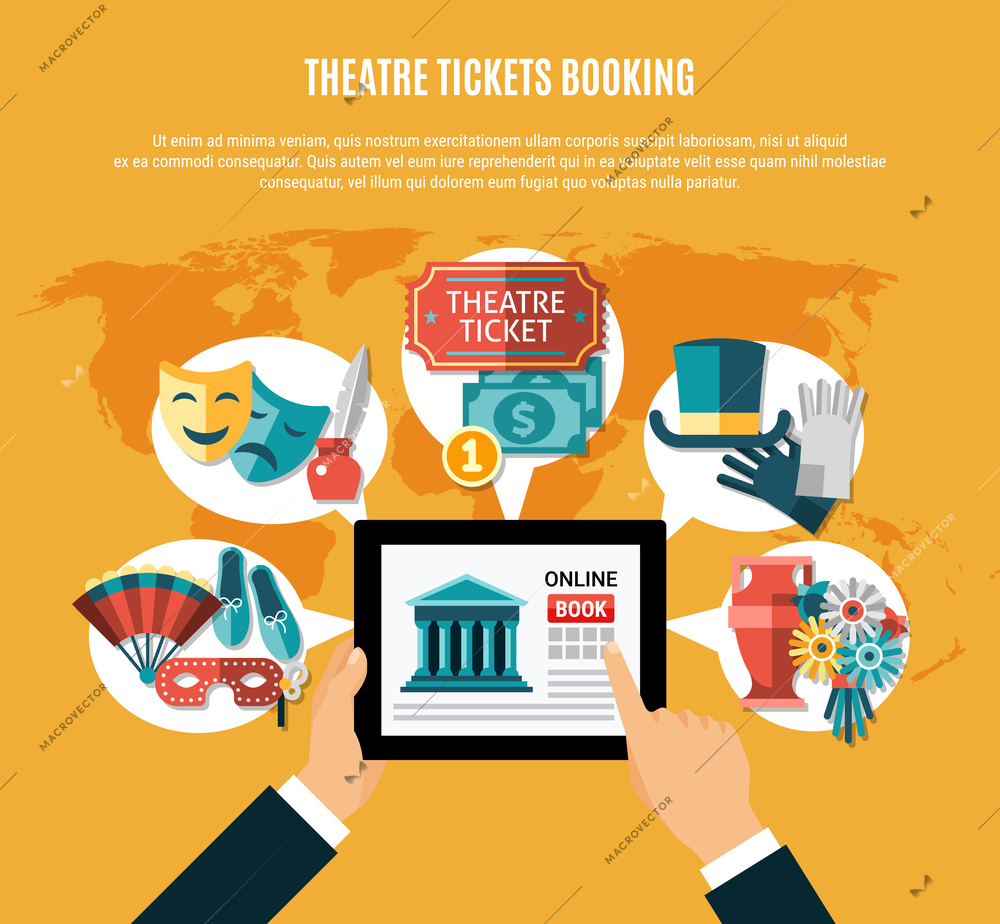 Theatre flat composition set with theatre ticket booking headline and mans hands using laptop vector illustration