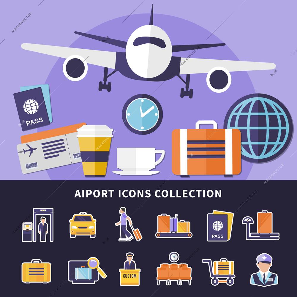 Flat collection of various airport icons isolated on black background and flying plane vector illustration