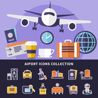 Flat collection of various airport icons isolated on black background and flying plane vector illustration