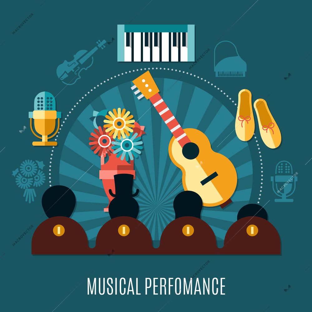 Theatre dark composition with musical performance headline and musical instruments and the audience vector illustration