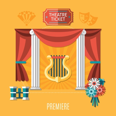 Orange theatre composition with theatre ticket and premiere descriptions and elements of attractions vector illustration
