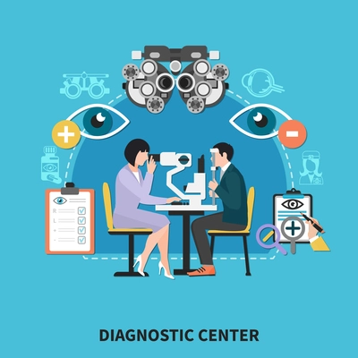 Ophthalmology diagnostic center flat poster with optometrist eye examination instruments treatments correctional lenses prescriptions background vector illustration