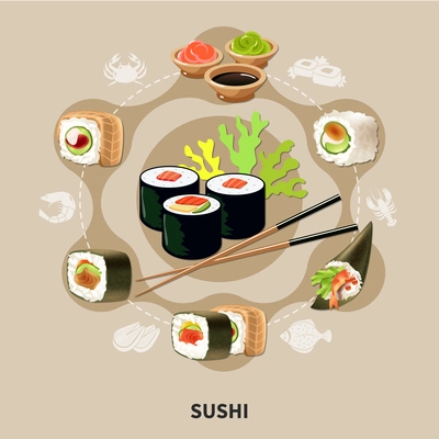 Flat sushi composition with different types of sushi or rolls arranged in a circle vector illustration