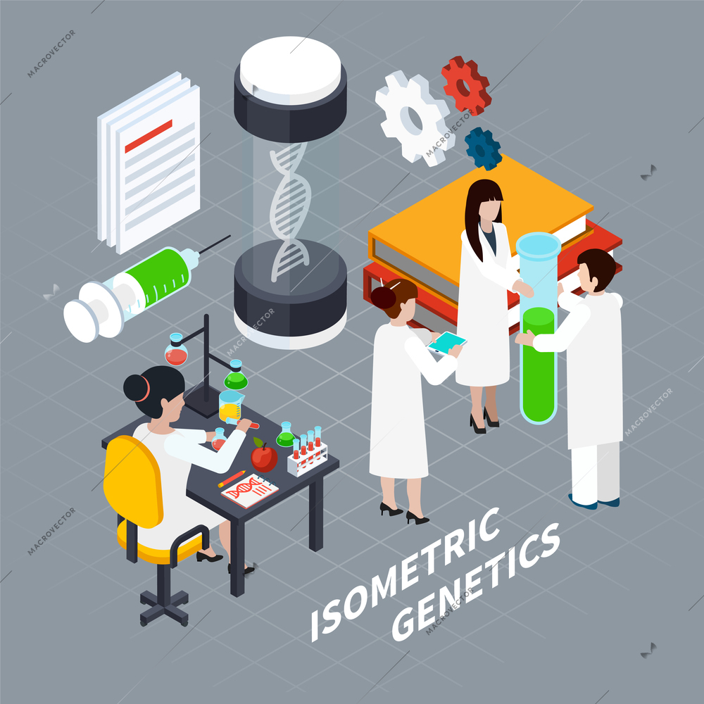 Science and genetics isometric concept with laboratory symbols on grey background vector illustration