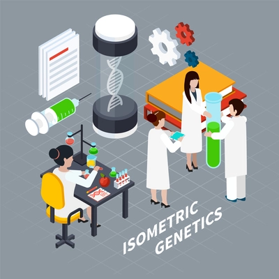 Science and genetics isometric concept with laboratory symbols on grey background vector illustration