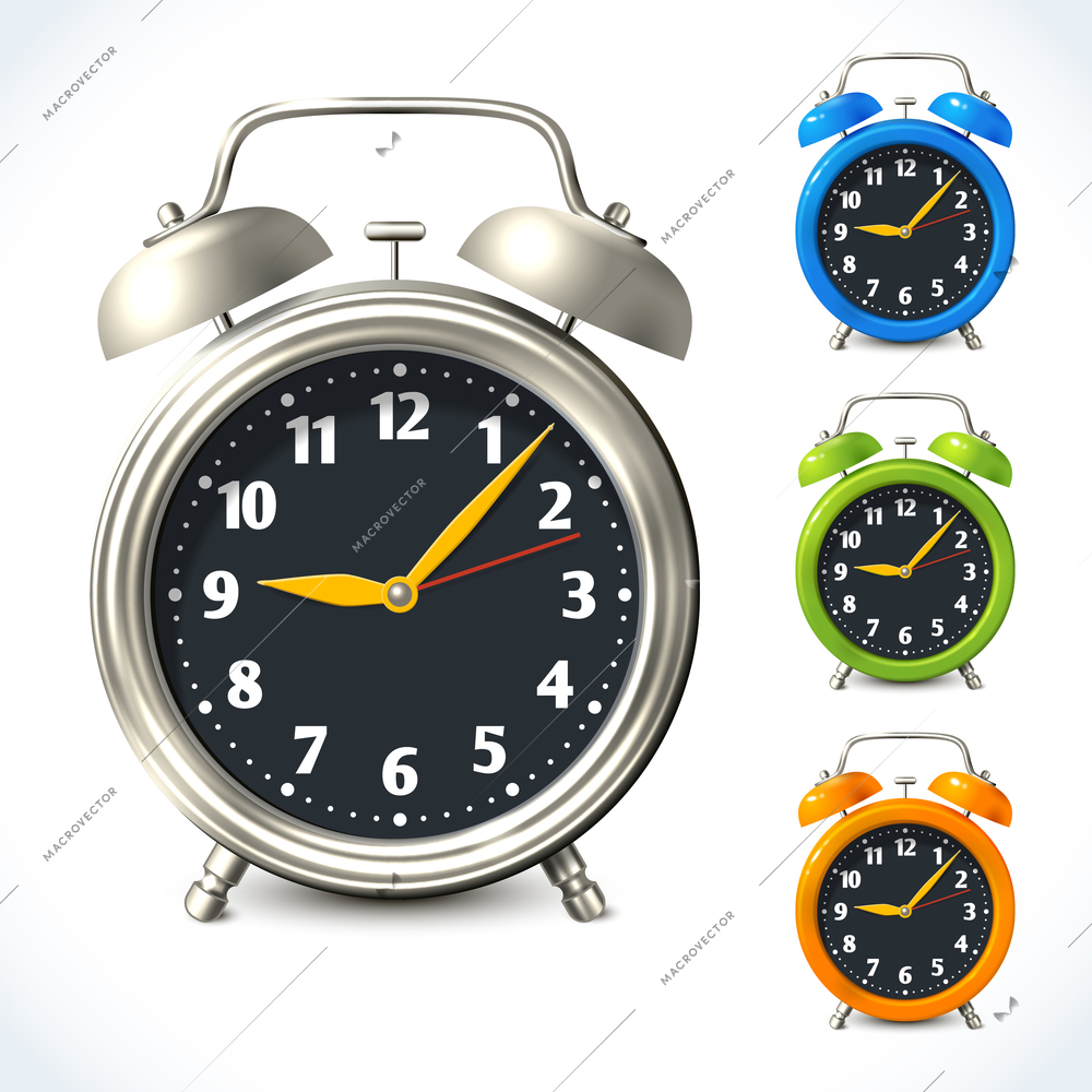 Vintage old style color and metal alarm clock watch set isolated vector illustration