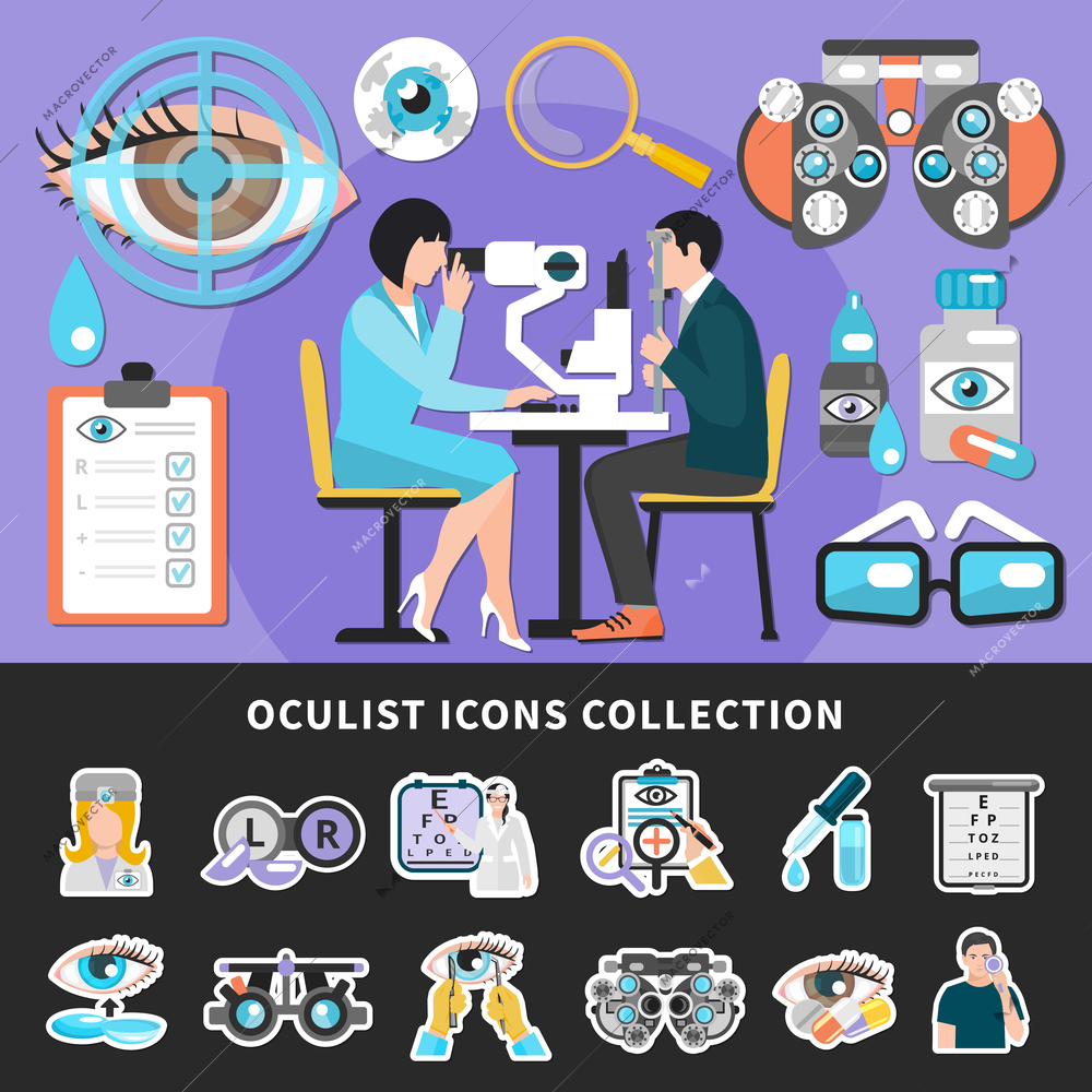 Optometrist eye examination 2 colorful ophthalmology center banners with sight test and oculist icons collection vector illustrations