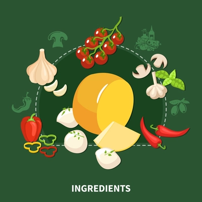 Italian food green background with organic ingredients used in popular national kitchen flat vector illustration