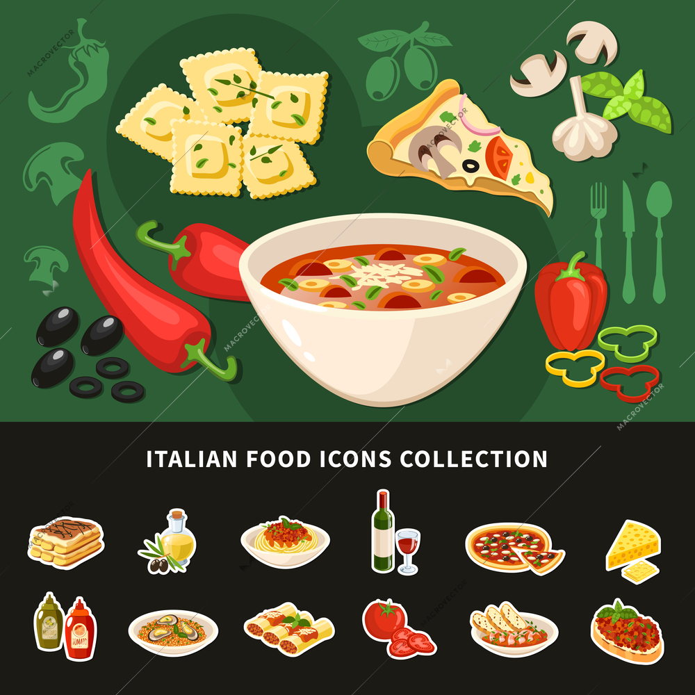 Italian food icons collection of national dishes with ravioli bruschetta pizza stuffed cannelloni minestrone soup olive oil flat vector illustration