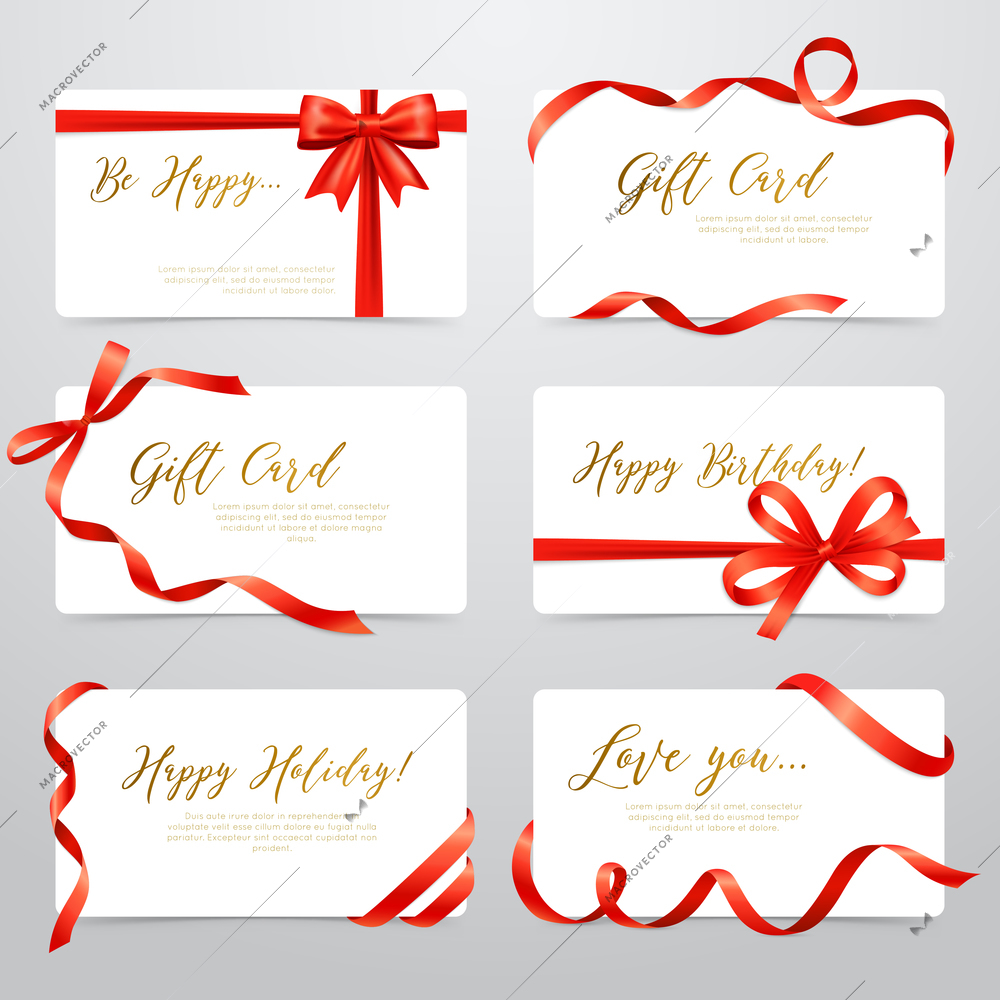 White realistic labels stickers set with luxury gold font letters and red satin ribbon isolated vector illustration