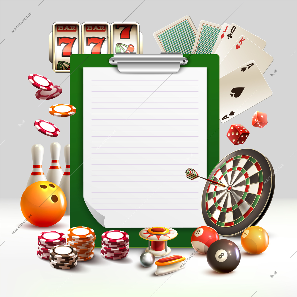 Games realistic 3d composition notepad with lined pages and different attributes for gaming are located around vector illustration