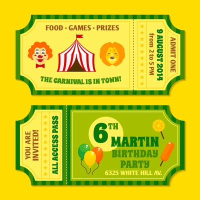 Two vintage circus carnival birthday party invitation tickets templates with clown and balloon isolated vector illustration