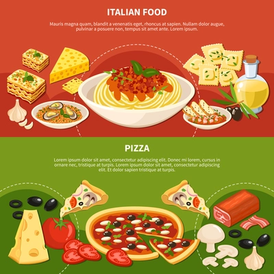 Italian dishes horizontal banners with icons showing ingredients used in popular meals of traditional cuisine flat vector illustration