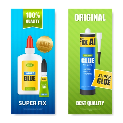 Best quality fix all glue bottles tubes sticks 2 colorful realistic vertical banners set isolated vector illustration