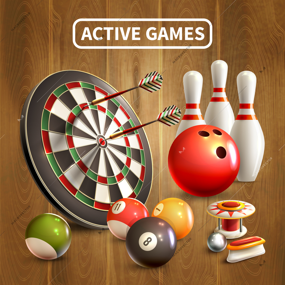 Games realistic concept with active games headlines and bowling darts billiards games attributes vector illustration