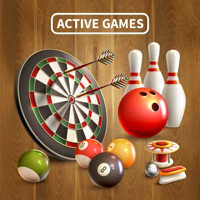 Games realistic concept with active games headlines and bowling darts billiards games attributes vector illustration