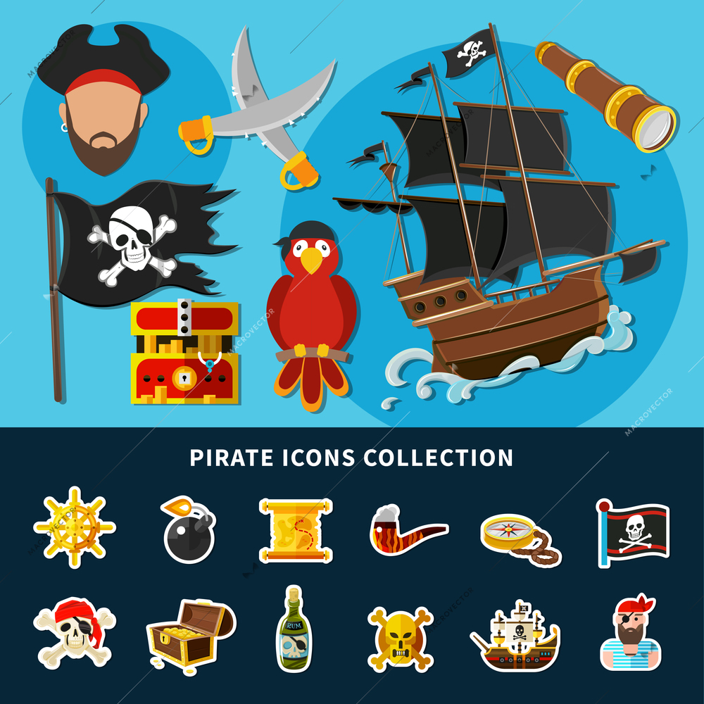 Cartoon collection of pirate icons with jolly roger, sail ship, treasure chest, rum, helm isolated vector illustration