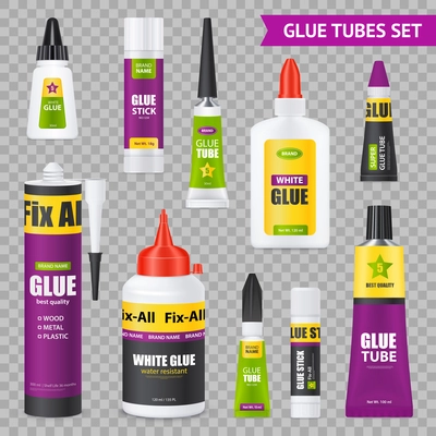 Glue sticks bottles tubes with various types adhesives realistic images set on gray transparent background vector illustration