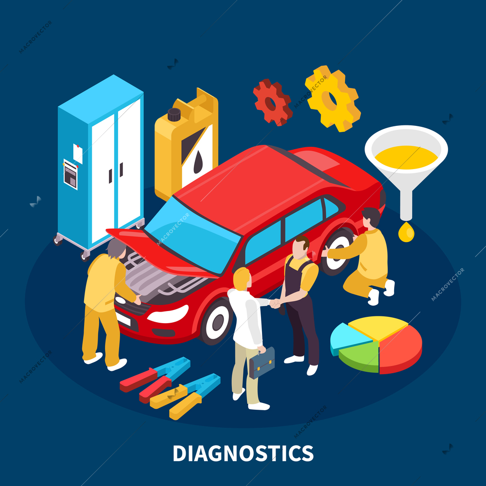 Auto service equipment isometric concept with diagnostocs symbols vector illustration