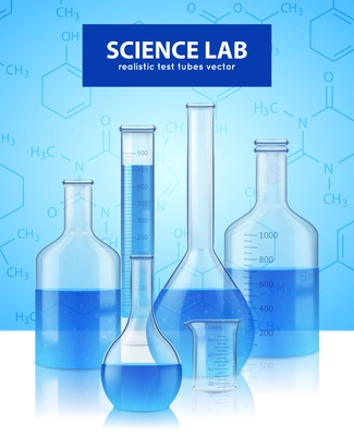 Scientific laboratory equipment realistic test-tubes retorts collection with blue reagent and background poster vector illustration