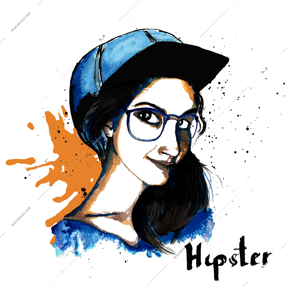 Smiling hipster character girl with glasses and hat ink drawn vector illustration