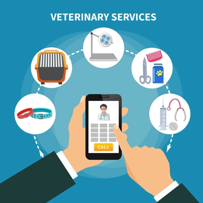 Veterinary service online menu flat round icons composition with hand holding smart mobile touch screen phone vector illustration