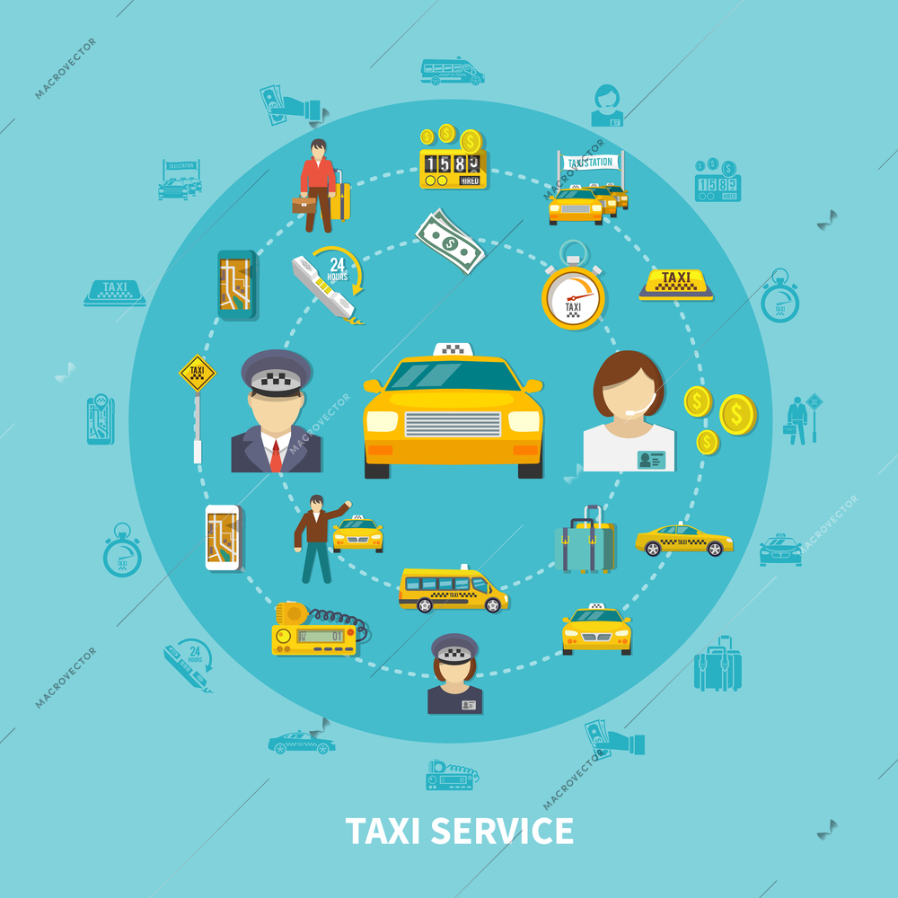 Taxi round composition with silhouette icons and images of taxi provider cabs money baggage and people vector illustration