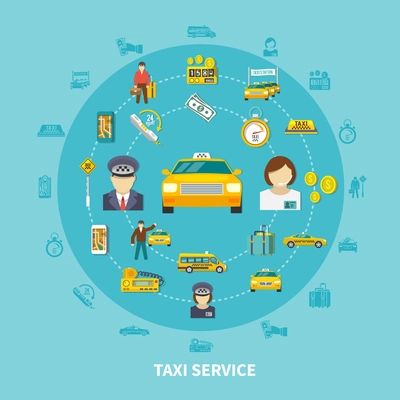 Taxi round composition with silhouette icons and images of taxi provider cabs money baggage and people vector illustration