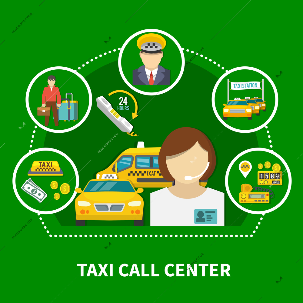 Taxi round composition of circle dial taxi icons and flat images with customer service agent characters vector illustration