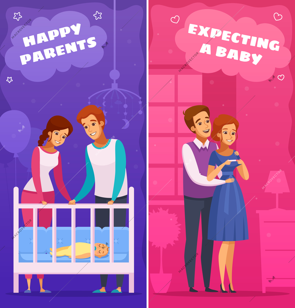 Pregnancy cartoon banners with expecting of baby, happy family, newborn isolated on purple pink background vector illustration