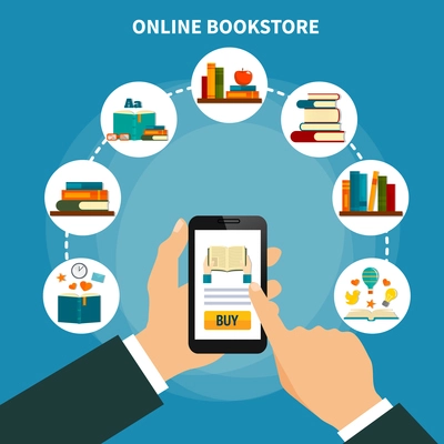 Internet book store composition on blue background with smartphone in hand, buying literature online vector illustration