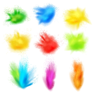 Holi paint set of realistic splashes isolated images of colored paint dust clouds on blank background vector illustration
