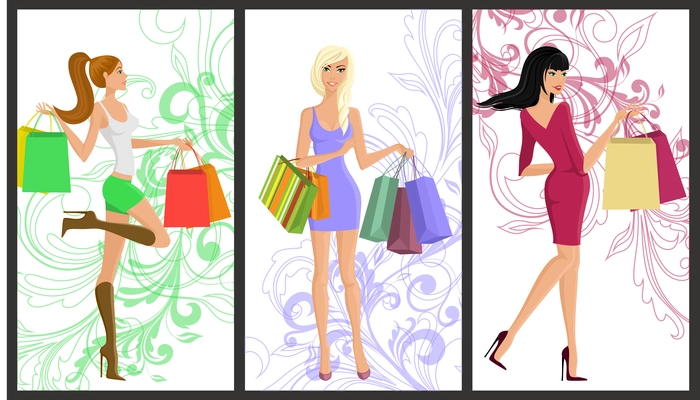 Shopping girl young beautiful women with fashion bags vertical banners with swirl decoration set isolated vector illustration