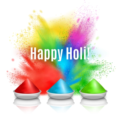 Holi paint realistic composition with pieces of festive paint and colourful splashes with editable text vector illustration