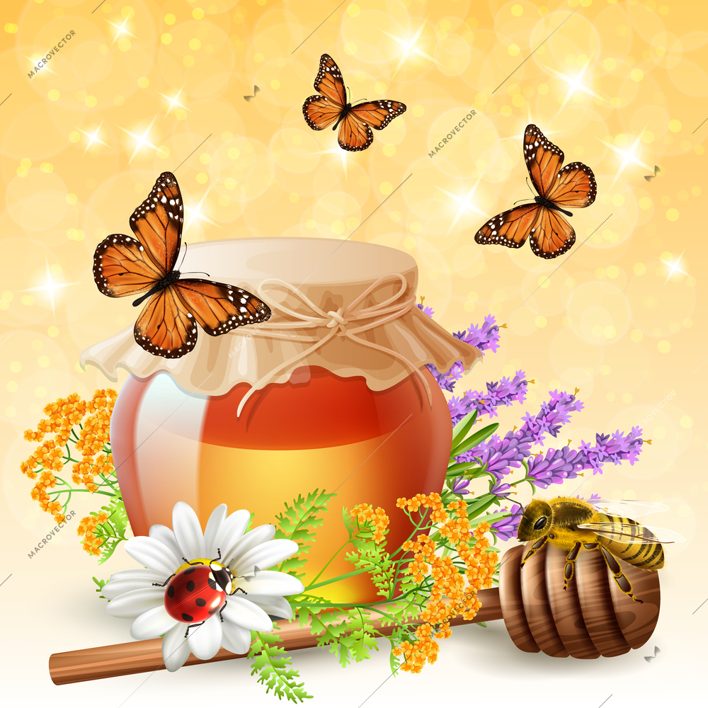 Flying butterflies ladybird and honeybees realistic composition of insects with lavender and wildflowers honey jar vector illustration