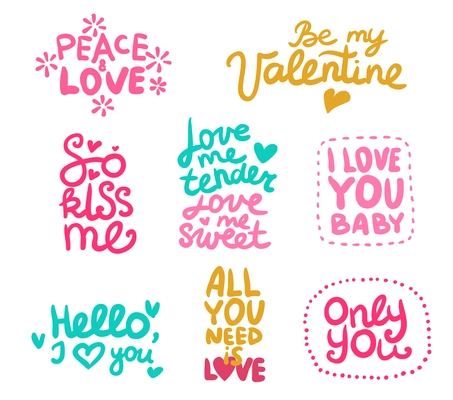 Set of labels with calligraphic love phrases of various color decorated flowers and hearts isolated vector illustration