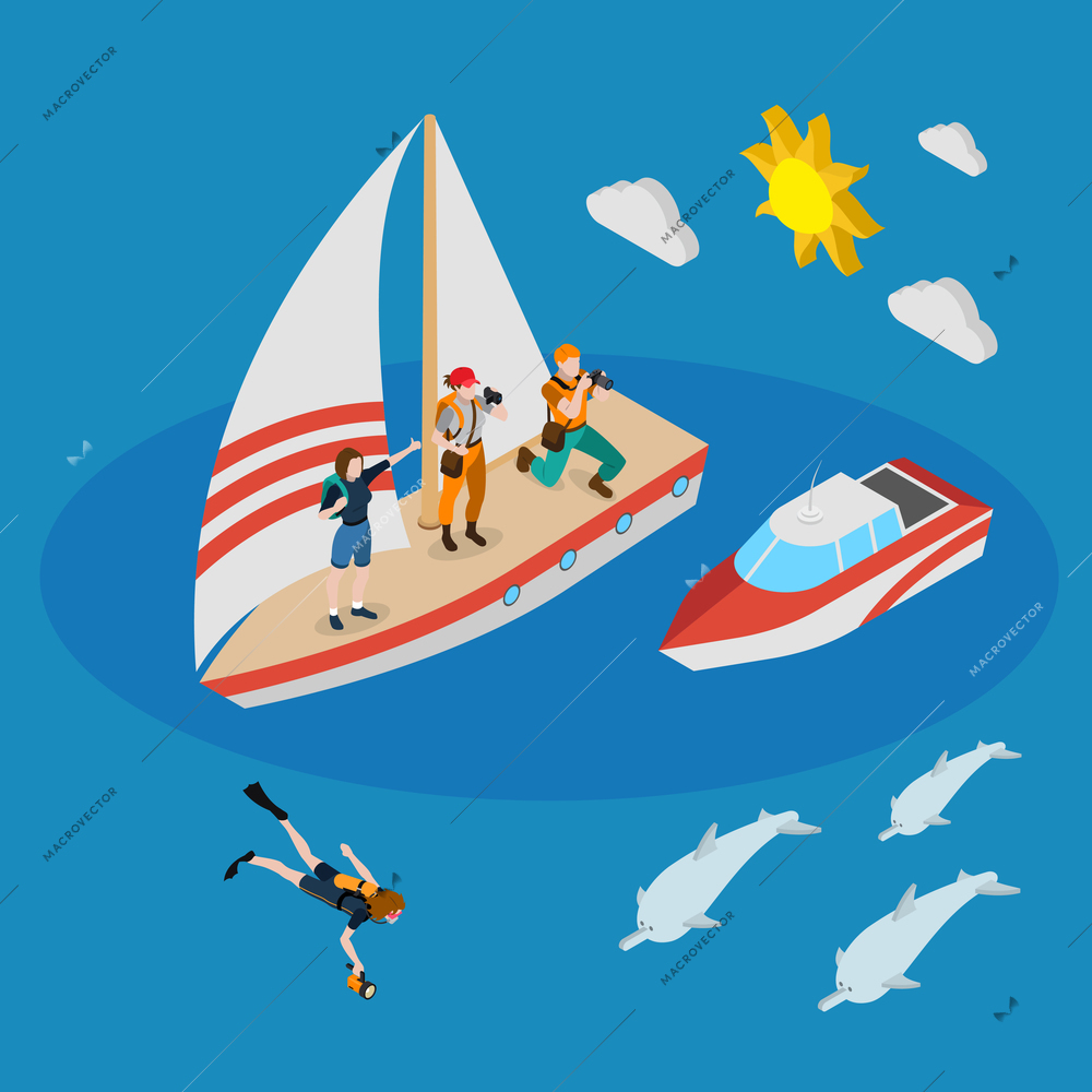 Yacht with tourists, person during diving, motor boat, dolphins isometric composition on blue background vector illustration