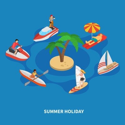 Water activities during summer holiday including surfing, trip on boats, isometric composition on blue background vector illustration