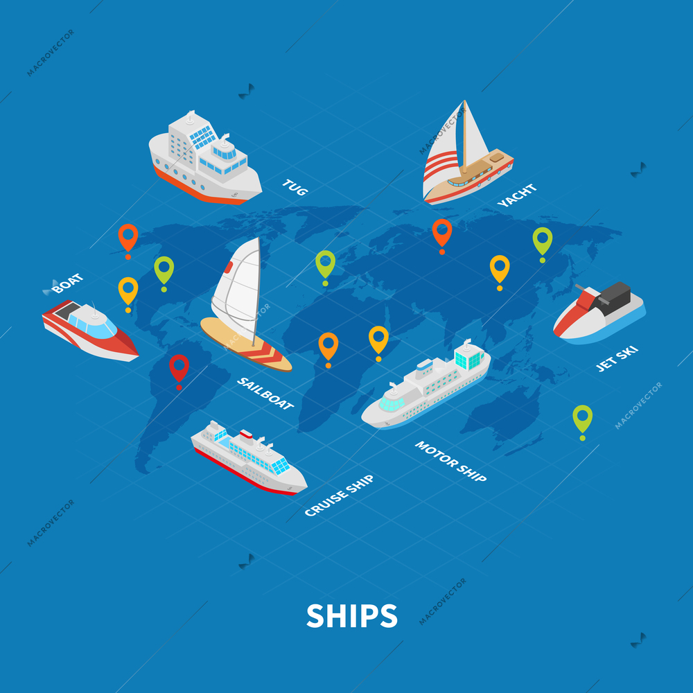 Ships isometric infographics on blue background with world map, water transportation including yacht, tug vector illustration