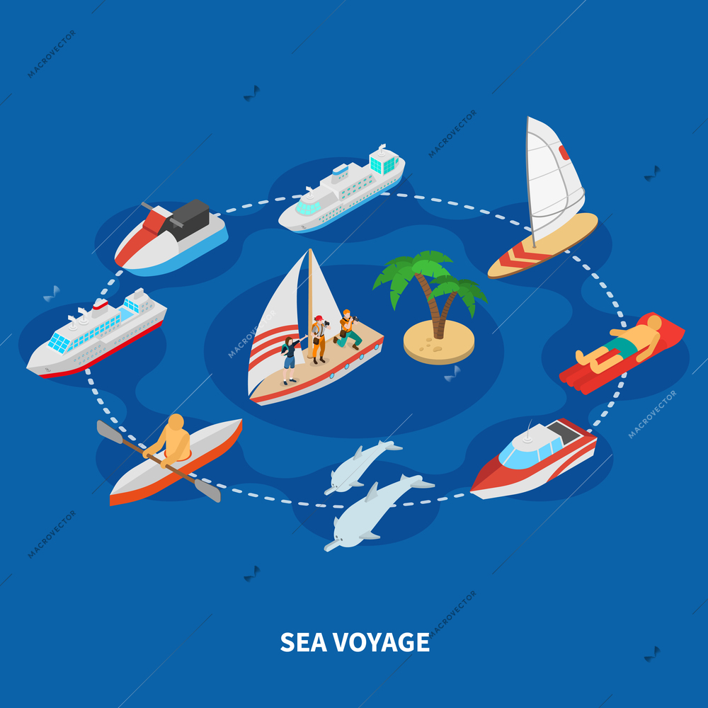 Sea voyage isometric composition with cruise ship, tourists on sail boat, dolphins on blue background vector illustration