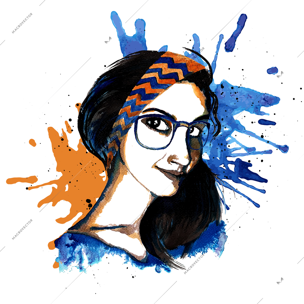 Smiling hipster character girl with glasses and headband ink drawn vector illustration