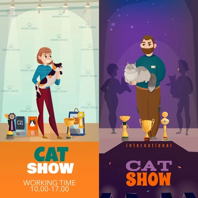 Cat breeds show 2 vertical banners with participants presenting pets and maine coon winner isolated vector illustration